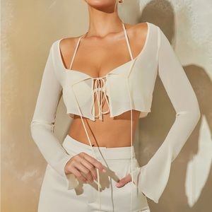 Oh Polly Long Sleeve Ruched Bralette with Sheer Overlay in Stone